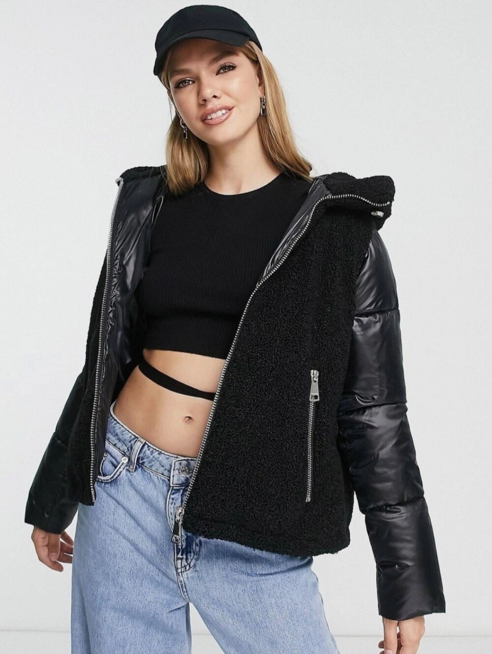 Calvin Klein Black Sherpa Front with Puffer Sleeve Bomber Jacket